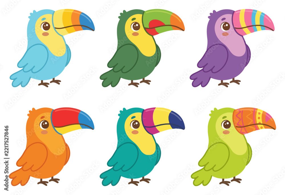 Fototapeta premium A collection of six colorful cartoon toucan birds with unique patterns and bright plumage.