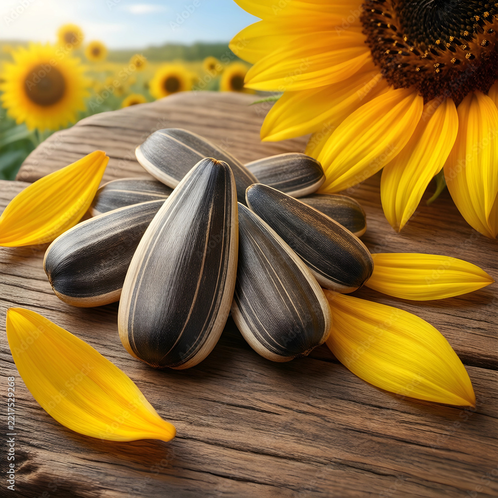Naklejka premium Sunflower seeds and petals, healthy organic snack and agriculture concept, raw food ingredients on rustic wooden table with blurred field background
