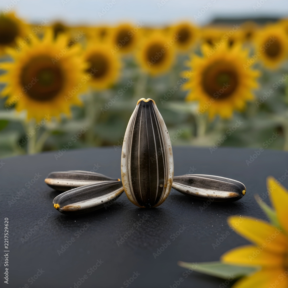 Fototapeta premium Agriculture and organic farming, sunflower seeds on a dark surface with a blurred field of blooming flowers in the background for food industry