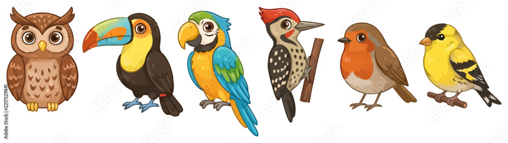 Fototapeta premium A collection of six colorful cartoon birds including an owl toucan parrot woodpecker robin and goldfinch.