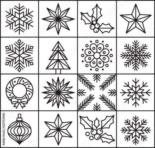 Set of christmas line icons featuring snowflakes stars holly tree