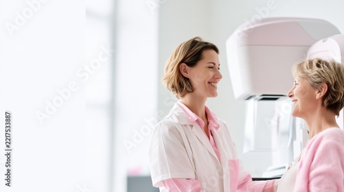 National Mammography Day: wide banner photograph of a female radiologic technologist calmly preparing a smiling woman patient beside a modern digital mammography unit