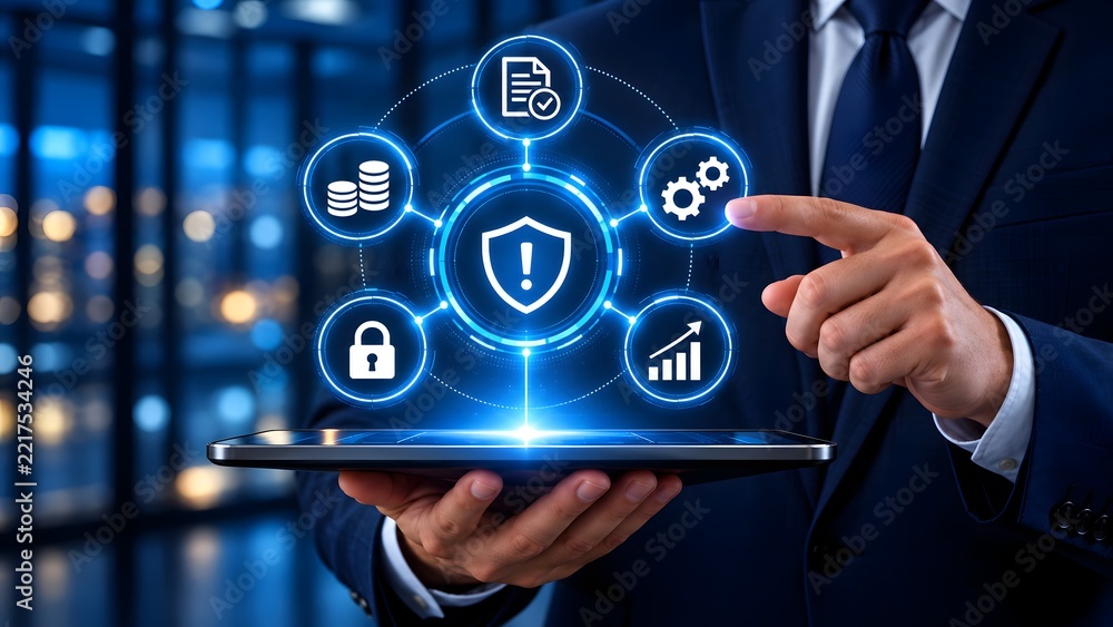 Obraz premium Professional manager analyzing digital security alert interface on tablet computer for financial protection corporate compliance and system optimization.