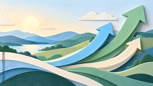 Papercut landscape with rising arrows symbolizing growth success and progress against a serene backdrop of rolling hills lake and sky