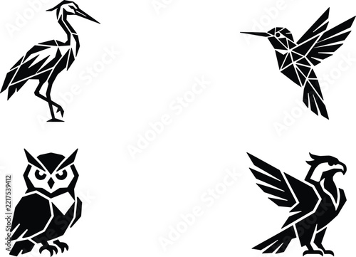 A collection of four distinct black and white bird silhouettes featuring a heron hummingbird owl and a falcon design