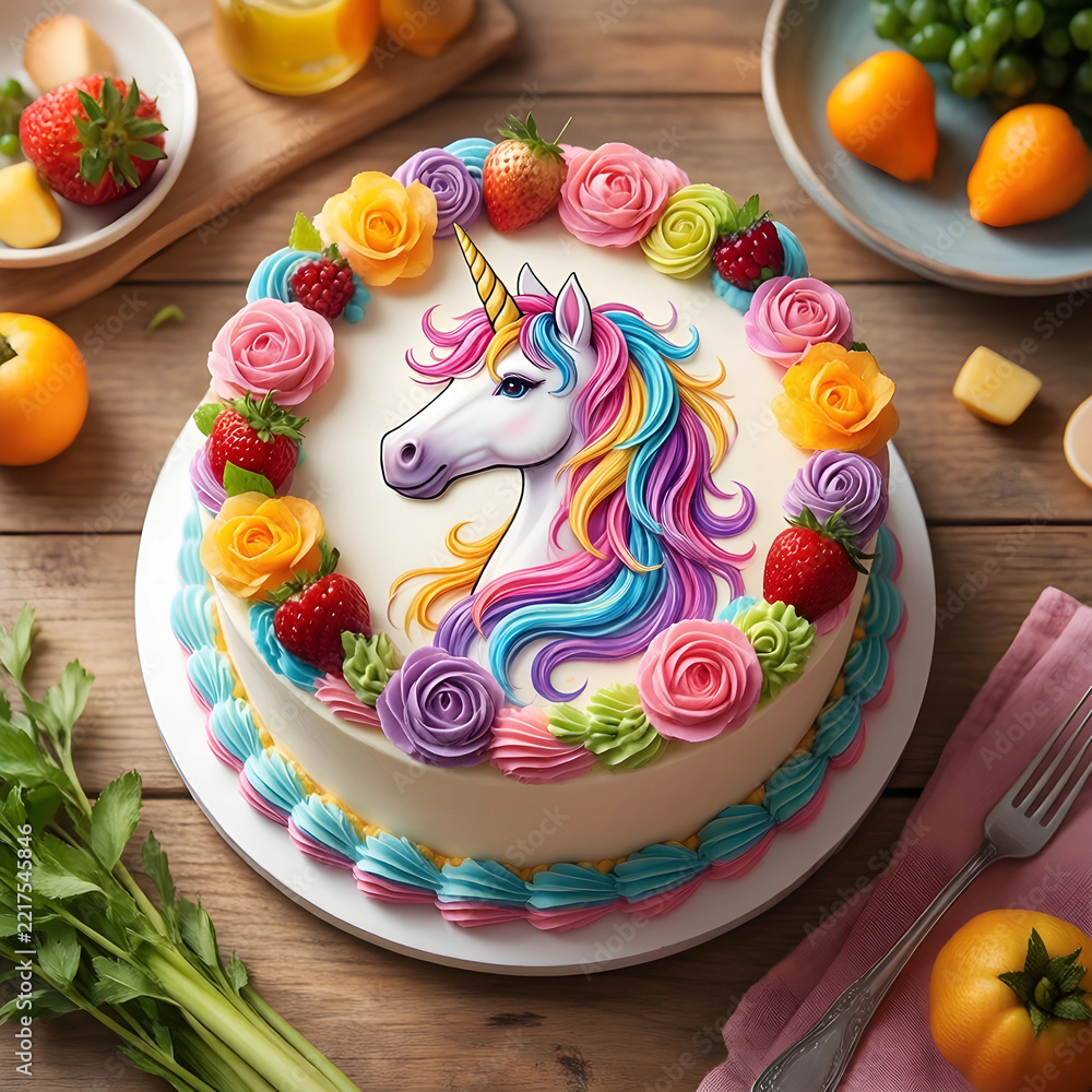 Fototapeta premium Birthday celebration and party concept, unicorn cake decorated with colorful frosting roses and fresh strawberries on a rustic wooden table background