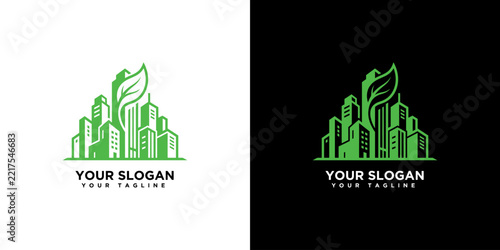 Green City Logo Eco-Friendly Urban Skyline with Leaf