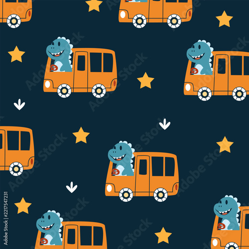 bus cars dino driver cartoon seamless pattern design