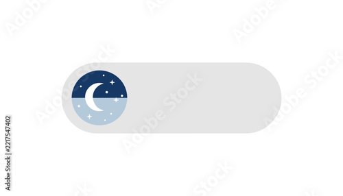 Day and night toggle switch button design with half-dark half-light moon and stars circle on simple grey background.