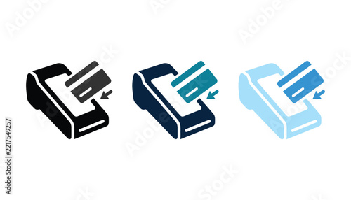 Set of payment terminal icons with credit card, flat vector illustration for financial transactions and point of sale systems