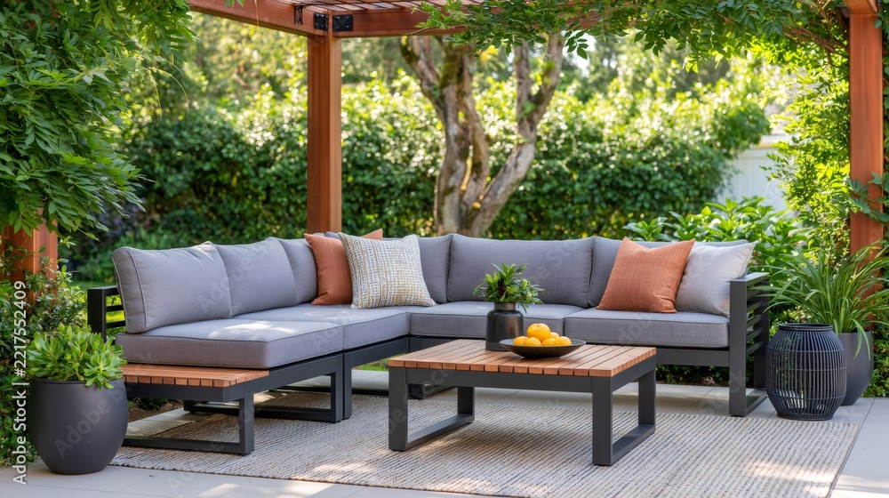 Fototapeta premium Outdoor sectional sofa under a garden pergola