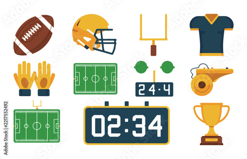 American football items set including helmets uniforms fields goalposts balls and champion trophies.