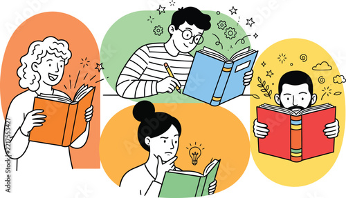 Diverse People Reading Books, Illustration of Learning and Knowledge. Conceptual Design, Education and Literacy Concept