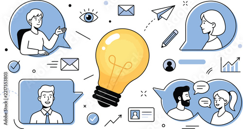People Communicating Around a Glowing Lightbulb Concept. Illustration of Teamwork, Idea Generation