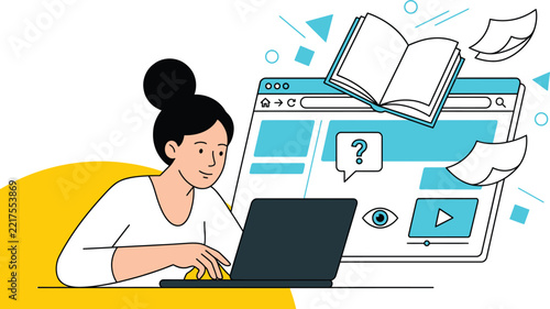 Woman Typing on Laptop, Online Learning Concept Illustration. Digital Education, Remote Work, Studying, Research
