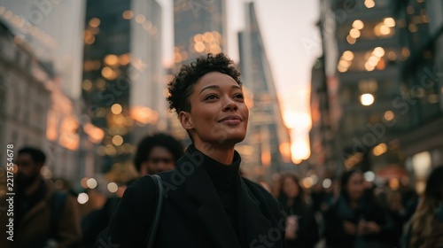 A confident woman gazes upward amidst a bustling city's glowing lights at sunset. This photo conveys optimism, ambition, and urban life with a hopeful perspective.