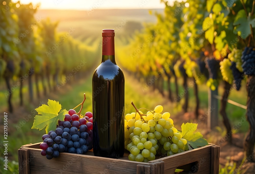 Fototapeta premium Viticulture and winemaking, red wine bottle with fresh grapes in wooden crate at vineyard during golden hour for harvest season and agriculture industry