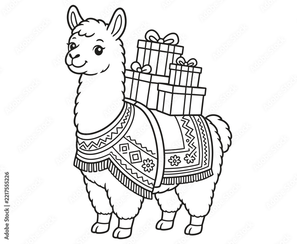 Fototapeta premium Cute llama coloring page with birthday gifts and tribal blanket.
