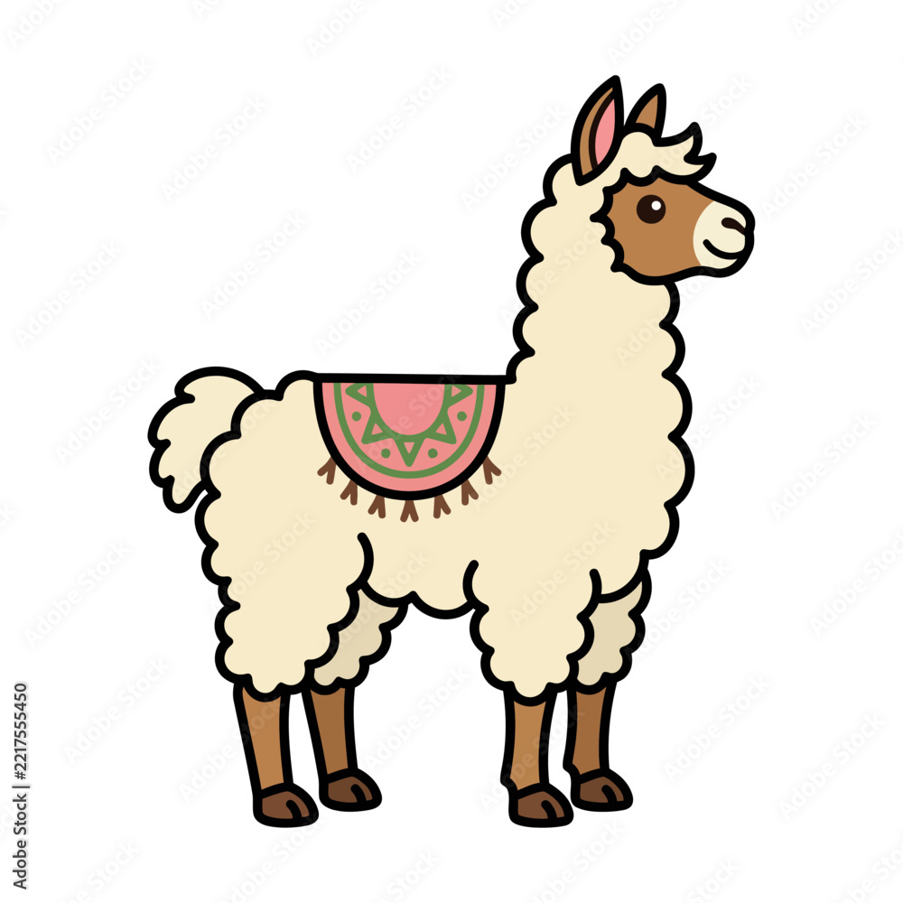 Fototapeta premium Cute white llama with a decorative colorful saddle.