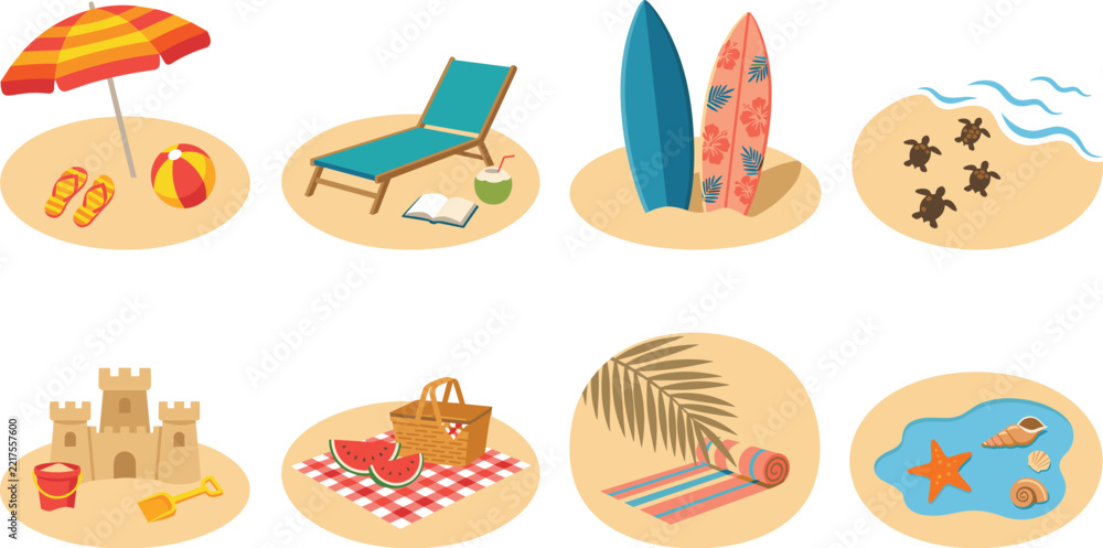 Fototapeta premium Summer beach vacation vector illustration featuring tropical holiday icons and colorful seaside relaxation elements