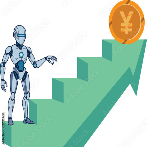 Robot Presenting Yen Currency Steps Arrow Vector Illustration for Robotic Yen Growth, Financial Strategy, and Asian Market Journey Concept