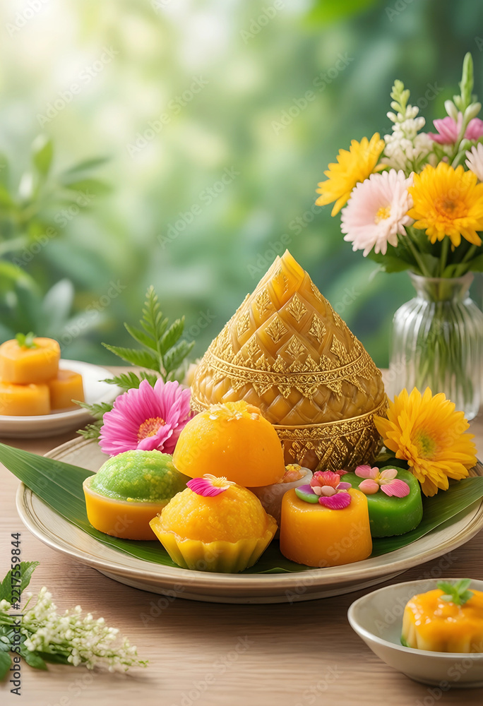 Fototapeta premium Thai traditional dessert and culture, golden sweets served with ornate container and fresh flowers for celebration and hospitality on wooden table