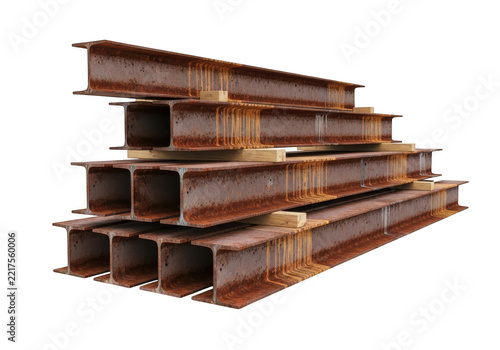 Stack of rusty I-beam steel construction material for industrial and heavy engineering projects.