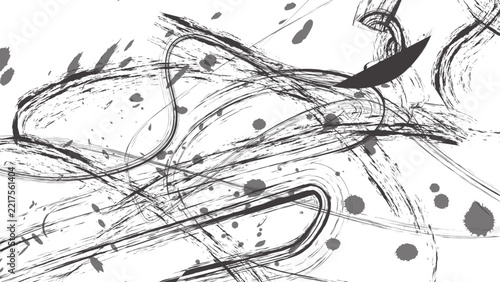 Abstract expressive black ink brush stroke vector background with dynamic calligraphy lines and splatter accents on light canvas for artistic poster cover, sumi-e artwork backdrop, and creative banner