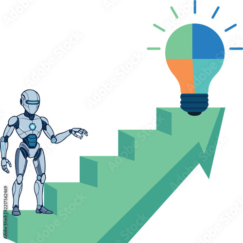 Robot Presenting Colorful Lightbulb Steps Arrow Vector Illustration for Robotic Innovation Strategy, Creative Multi-Color Solution Goal, and Technology Idea Concept