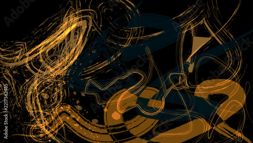Abstract expressive golden yellow ink brush stroke vector background with dynamic calligraphy loops and paint splatter accents on dark canvas for artistic poster cover