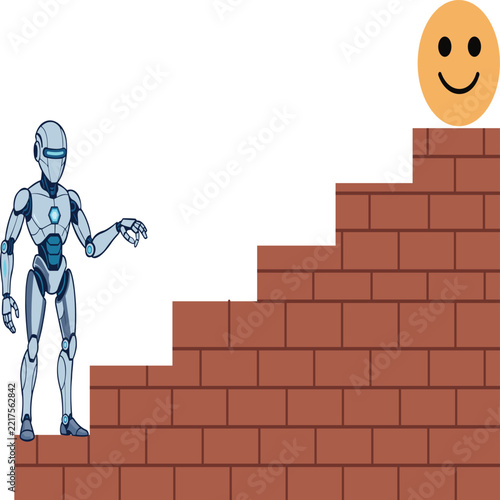 Robot Presenting Smiley Face Brick Stairs Vector Illustration for Robotic Customer Satisfaction Strategy, Positive Mood Goal, and Happy Architecture Concept