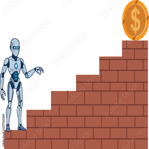 Robot Presenting Dollar Currency Brick Stairs Vector Illustration for Robotic Dollar Growth, Financial Strategy, and Global Market Architecture Concept   