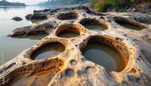 Unique rock formations with circular pools of water on a riverbank. The geological landscape is carved by erosion, showcasing natural artistry.