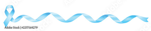 A long, flowing light blue satin awareness ribbon stretches horizontally across a clean white background. 