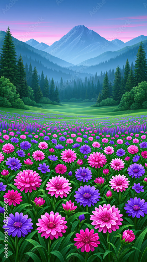 Fototapeta premium Mountain valley flower field with pine forest and snow peak under pink sky