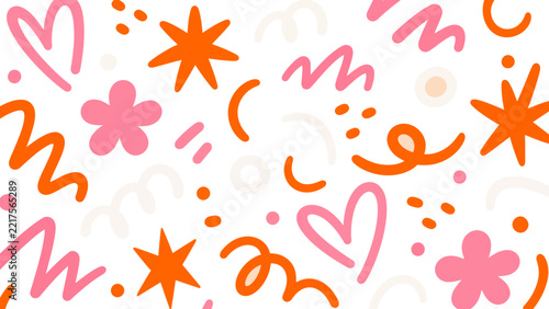 Playful Abstract Memphis Doodles Pattern, Cute Pink and Orange Hearts Stars Squiggle Confetti Background, Vector Illustration