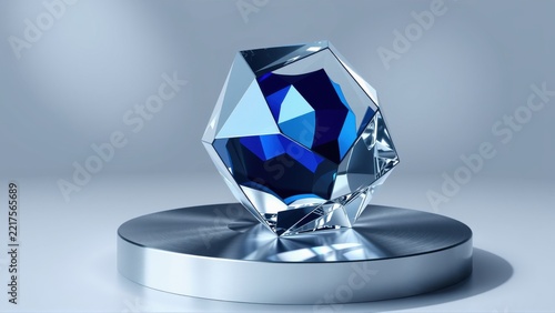 Crystal sculpture rests upon metallic base. Blue hues dominate objects facets, reflecting light. Minimalist presentation, studio lighting.