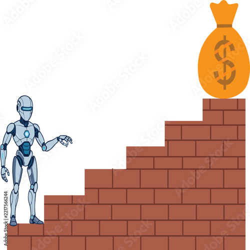 Robot Presenting Money Bag Brick Stairs Vector Illustration for Robotic Wealth Strategy, Financial Profit Goal, and Automated Capital Architecture Concept   