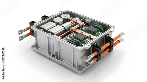 Compact electric vehicle battery power module with cylindrical cells, copper connectors and electronic components for modern EV technology