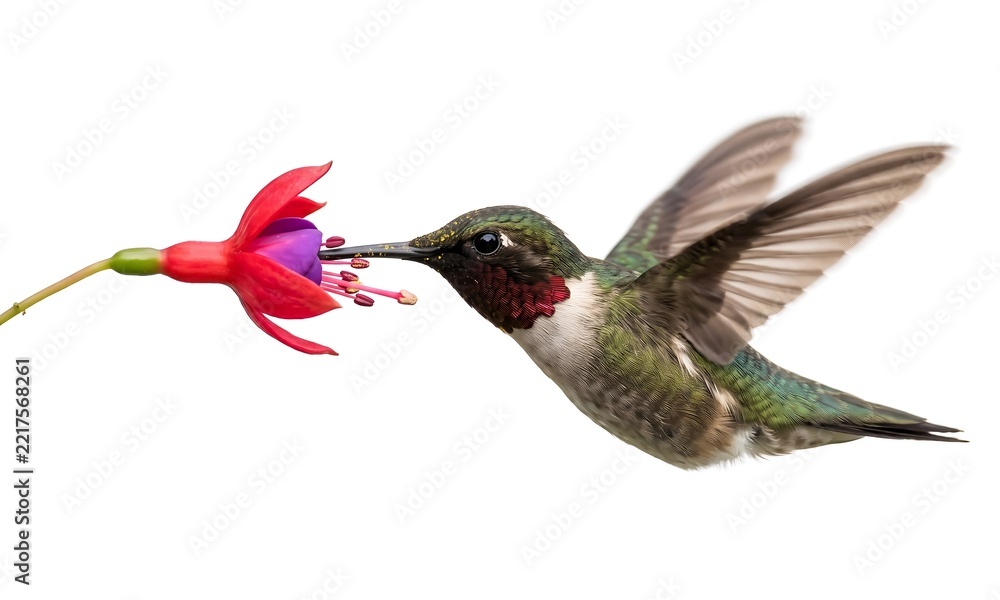Fototapeta premium Hummingbird Feeding on a Red Flower