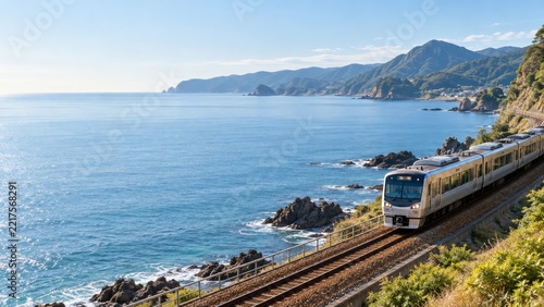 Silver passenger train following a coastal railway beside a calm blue sea