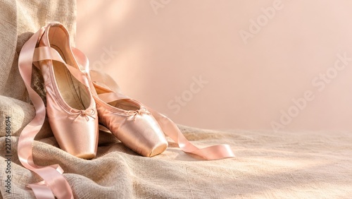 Pink satin ballet pointe shoes with flowing ribbons on soft linen fabric