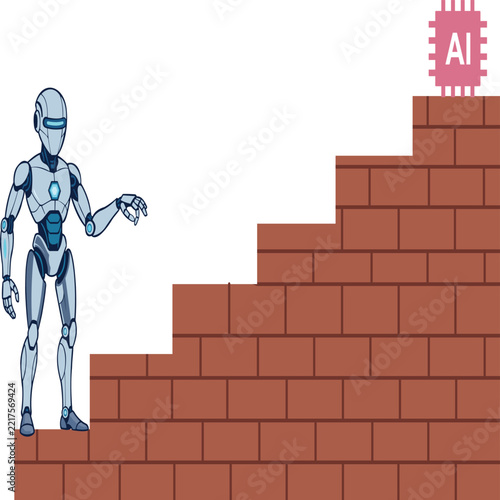 Robot Presenting AI Microchip Brick Stairs Vector Illustration for Artificial Intelligence Strategy, Machine Learning Growth, and Tech Architecture Concept   