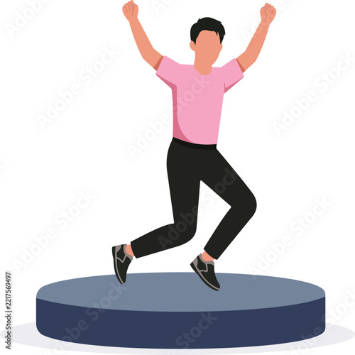 Excited Male Character Jumping on Round Platform Vector Illustration for Success Celebration, Happy Achievement, and Victory Concept   