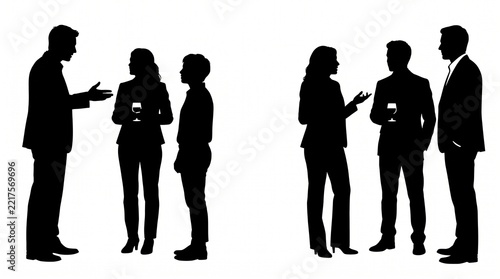 People silhouettes talking in groups business networking event and social gathering vector illustration isolated on white background