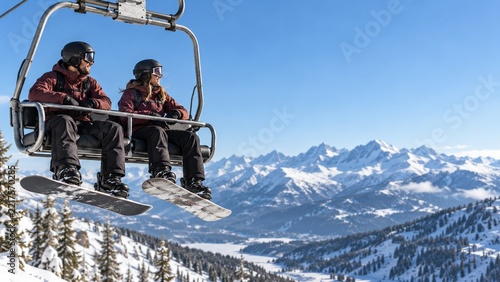 Two Snowboarders in Burgundy Jackets Riding a Chairlift Above Snowy Peaks