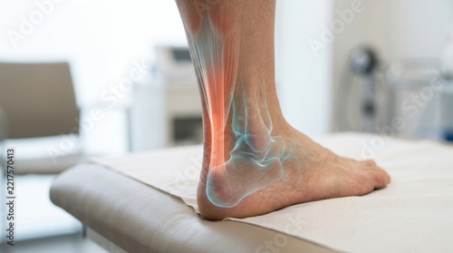 Medical visualization of human achilles tendon inflammation on a patient leg in a clinic setting