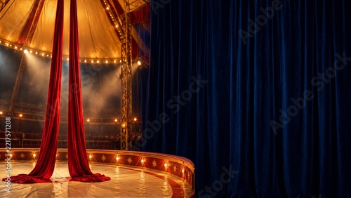 Red Aerial Silks Hanging in an Empty Circus Ring Beside Blue Velvet