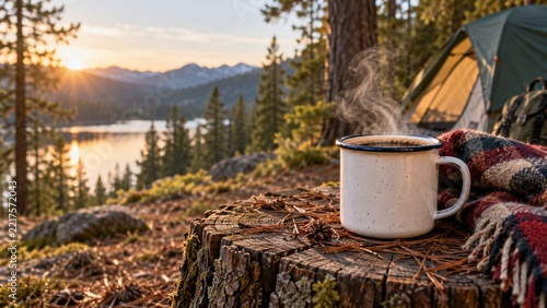 Steaming enamel coffee mug on a weathered tree stump at a woodland campsite