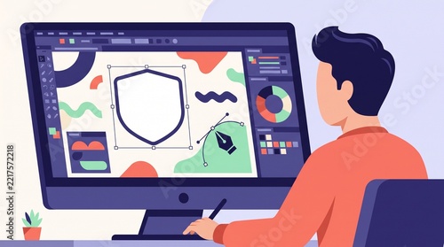 Graphic designer working on computer vector illustration professional digital artist creating vector artwork modern flat design concept